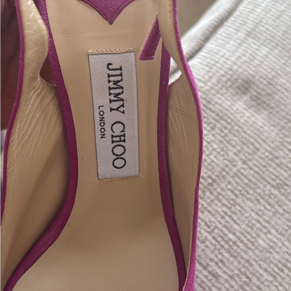 Jimmy Choo Fuchsia Suede Peep-Toe Heels - Picture 2 of 5
